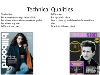 Technical Qualities
Similarities:
Both are near enough minimalistic
Both have almost the same colour pallet
Both have a quote
Different size text.
Differences:
Background colour
One is close up and the other is a medium
shot.
Title is in different place
 