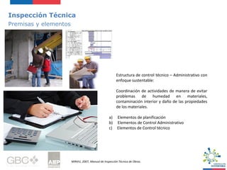 Inspección Técnica
Premisas y elementos
MINVU, 2007, Manual de Inspección Técnica de Obras.
Estructura de control técnico – Administrativo con
enfoque sustentable:
Coordinación de actividades de manera de evitar
problemas de humedad en materiales,
contaminación interior y daño de las propiedades
de los materiales.
a) Elementos de planificación
b) Elementos de Control Administrativo
c) Elementos de Control técnico
 