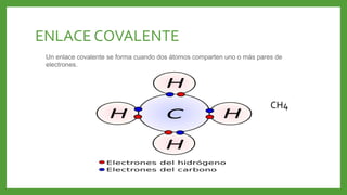 Un enlace covalente se forma cuando dos átomos comparten uno o más pares de
electrones.
ENLACE COVALENTE
CH4
 