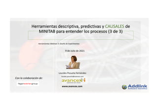 Herramientas descriptiva, predictivas y CAUSALES de
MINITAB para entender los procesos (3 de 3)
Lourdes Pozueta Fernández
lourdes.pozueta@avancex.com
www.avancex.com
9 de Julio de 2021
Herramientas Webinar 3: Diseño de Experimentos
Con la colaboración de:
Video en YOUTUBE
https://www.youtube.com/c/AddlinkSoftware
 