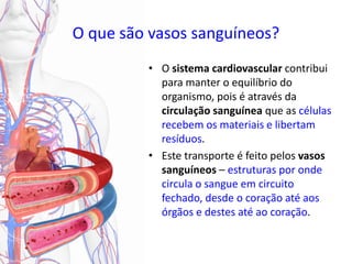 • O sistema cardiovascular contribui
para manter o equilíbrio do
organismo, pois é através da
circulação sanguínea que as células
recebem os materiais e libertam
resíduos.
• Este transporte é feito pelos vasos
sanguíneos – estruturas por onde
circula o sangue em circuito
fechado, desde o coração até aos
órgãos e destes até ao coração.
O que são vasos sanguíneos?
 