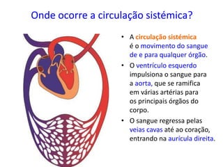 Onde ocorre a circulação sistémica?
• A circulação sistémica
é o movimento do sangue
de e para qualquer órgão.
• O ventrículo esquerdo
impulsiona o sangue para
a aorta, que se ramifica
em várias artérias para
os principais órgãos do
corpo.
• O sangue regressa pelas
veias cavas até ao coração,
entrando na aurícula direita.
 