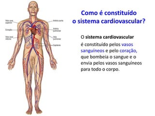 Como é constituído
o sistema cardiovascular?
O sistema cardiovascular
é constituído pelos vasos
sanguíneos e pelo coração,
que bombeia o sangue e o
envia pelos vasos sanguíneos
para todo o corpo.
 