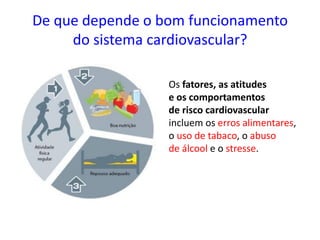 De que depende o bom funcionamento
do sistema cardiovascular?
Os fatores, as atitudes
e os comportamentos
de risco cardiovascular
incluem os erros alimentares,
o uso de tabaco, o abuso
de álcool e o stresse.
 