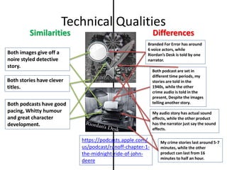 Technical Qualities
Similarities Differences
https://podcasts.apple.com/
us/podcast/runoff-chapter-1-
the-midnight-ride-of-john-
deere
Both images give off a
noire styled detective
story.
Both stories have clever
titles.
Branded For Error has around
6 voice actors, while
Riordan’s Desk is told by one
narrator.
Both podcasts have good
pacing, Whitty humour
and great character
development.
Both podcast are set in
different time periods, my
stories are told in the
1940s, while the other
crime audio is told in the
present, Despite the images
telling another story.
My audio story has actual sound
effects, while the other product
has the narrator just say the sound
effects.
My crime stories last around 5-7
minutes, while the other
product can last from 16
minutes to half an hour.
 