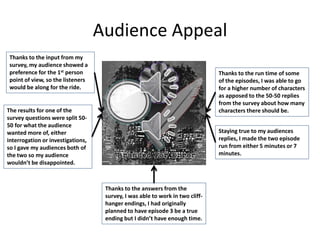 Audience Appeal
Thanks to the input from my
survey, my audience showed a
preference for the 1st person
point of view, so the listeners
would be along for the ride.
The results for one of the
survey questions were split 50-
50 for what the audience
wanted more of, either
interrogation or investigations,
so I gave my audiences both of
the two so my audience
wouldn’t be disappointed.
Thanks to the answers from the
survey, I was able to work in two cliff-
hanger endings, I had originally
planned to have episode 3 be a true
ending but I didn’t have enough time.
Staying true to my audiences
replies, I made the two episode
run from either 5 minutes or 7
minutes.
Thanks to the run time of some
of the episodes, I was able to go
for a higher number of characters
as apposed to the 50-50 replies
from the survey about how many
characters there should be.
 