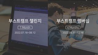 ⓒ NAVER Connect Foundation
1 Month
부스트캠프 챌린지
2022.07.18~08.12
4 Months
부스트캠프 멤버십
2022.08.31~12.16
 