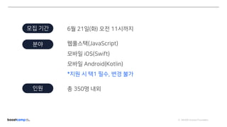 ⓒ NAVER Connect Foundation
모집 기간 6월 21일(화) 오전 11시까지
분야 웹풀스택(JavaScript)
모바일 iOS(Swift)
모바일 Android(Kotlin)
*지원 시 택1 필수, 변경 불가
인원 총 350명 내외
 