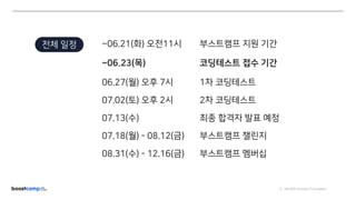 ⓒ NAVER Connect Foundation
전체 일정 ~06.21(화) 오전11시 부스트캠프 지원 기간
~06.23(목) 코딩테스트 접수 기간
06.27(월) 오후 7시 1차 코딩테스트
07.02(토) 오후 2시 2차 코딩테스트
07.13(수) 최종 합격자 발표 예정
07.18(월) - 08.12(금) 부스트캠프 챌린지
08.31(수) - 12.16(금) 부스트캠프 멤버십
 