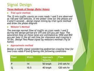 Signal Design
Three Methods of Design (Refer Notes)
 Trial cycle method.
The 15 min traffic counts on cross roads 1 and 2 are observed
as 150 and 120 vehicles. If the amber time for the phases are
4 amd 5 seconds , design signal timing by trial cycle method
and draw the phase diagram
 Webster’s Method
The average normal flow of traffic on cross roads 1 and 2
during the design period are 375 and 225 pcu per hour. The
saturation flow on these lanes are estimated as 1050 and 850
pcu per hour If the all red time for clearance and crossing is
10 Sec. Design Two Phase signal by websters method (Try at
home)
 Approximate method
Design a traffic signal considering pedestrian crossing time for
two cross roads P and Q having the following conditions
Road Width Approach
Velocity
Flow
P 14 50 kmph 210 veh/hr
Q 10.5 40 kmph 120 veh/hr
 