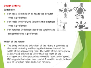 Design Criteria
Suitability
 For equal volumes on all roads the circular
type is preferred
 For roads with varying volumes the elliptical
type is preferred
 For Rotaries with high speed the turbine and
tangential type is preferred.
Width of the rotary
 The entry width and exit width of the rotary is governed by
the traffic entering and leaving the intersection and the
width of the approaching road. The width of the carriageway
at entry and exit will be lower than the width of the
carriageway at the approaches to enable reduction of speed.
IRC suggests that a two lane road of 7 m width should be kept
as 7 m for urban roads and 6.5 m for rural.
 