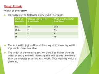 Design Criteria
Width of the rotary
 IRC suggests The following entry width (e1) values
 The exit width (e2) shall be at least equal to the entry width
if possible more than that
 The width of the weaving section should be higher than the
width at entry and exit. Normally this will be one lane more
than the average entry and exit width. Thus weaving width is
given as,
Width of
Approach
Width at entry(e1) for
Urban Roads
Width at entry(e1) for
Rural Roads
7m 7m 6.5m
10.5m 7 7.5
14 8 8
21 13 13
 