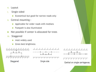 4. Layout
i. Single sided
 Economical but good for narrow roads only
ii. Central mounting :
 Applicable for wider roads with medians
 Footpath is also illuminated
 Not possible if center is allocated for trees
iii. Staggered
 most widely used
 Gives best brightness
 