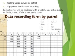 1. Parking usage survey by patrol
v. Equipment and form of recording
Each observer will be equipped with a watch, a pencil, a supply
of forms, a map of the street and a board.
 