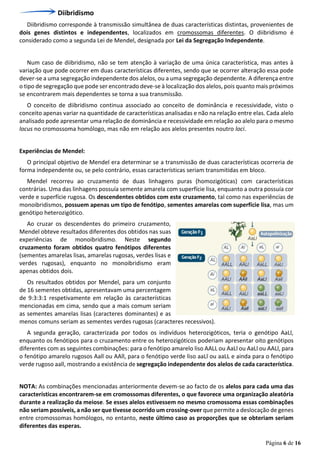 Página 6 de 16
Diibridismo
Diibridismo corresponde à transmissão simultânea de duas características distintas, provenientes de
dois genes distintos e independentes, localizados em cromossomas diferentes. O diibridismo é
considerado como a segunda Lei de Mendel, designada por Lei da Segregação Independente.
Num caso de diibridismo, não se tem atenção à variação de uma única característica, mas antes à
variação que pode ocorrer em duas características diferentes, sendo que se ocorrer alteração essa pode
dever-se a uma segregação independente dos alelos, ou a uma segregação dependente. A diferença entre
o tipo de segregação que pode ser encontrado deve-se à localização dos alelos, pois quanto mais próximos
se encontrarem mais dependentes se torna a sua transmissão.
O conceito de diibridismo continua associado ao conceito de dominância e recessividade, visto o
conceito apenas variar na quantidade de características analisadas e não na relação entre elas. Cada alelo
analisado pode apresentar uma relação de dominância e recessividade em relação ao alelo para o mesmo
locus no cromossoma homólogo, mas não em relação aos alelos presentes noutro loci.
Experiências de Mendel:
O principal objetivo de Mendel era determinar se a transmissão de duas características ocorreria de
forma independente ou, se pelo contrário, essas características seriam transmitidas em bloco.
Mendel recorreu ao cruzamento de duas linhagens puras (homozigóticas) com características
contrárias. Uma das linhagens possuía semente amarela com superfície lisa, enquanto a outra possuía cor
verde e superfície rugosa. Os descendentes obtidos com este cruzamento, tal como nas experiências de
monoibridismos, possuem apenas um tipo de fenótipo, sementes amarelas com superfície lisa, mas um
genótipo heterozigótico.
Ao cruzar os descendentes do primeiro cruzamento,
Mendel obteve resultados diferentes dos obtidos nas suas
experiências de monoibridismo. Neste segundo
cruzamento foram obtidos quatro fenótipos diferentes
(sementes amarelas lisas, amarelas rugosas, verdes lisas e
verdes rugosas), enquanto no monoibridismo eram
apenas obtidos dois.
Os resultados obtidos por Mendel, para um conjunto
de 16 sementes obtidas, apresentavam uma percentagem
de 9:3:3:1 respetivamente em relação às características
mencionadas em cima, sendo que a mais comum seriam
as sementes amarelas lisas (caracteres dominantes) e as
menos comuns seriam as sementes verdes rugosas (caracteres recessivos).
A segunda geração, caracterizada por todos os indivíduos heterozigóticos, teria o genótipo AaLl,
enquanto os fenótipos para o cruzamento entre os heterozigóticos poderiam apresentar oito genótipos
diferentes com as seguintes combinações: para o fenótipo amarelo liso AALL ou AaLl ou AaLl ou AALl, para
o fenótipo amarelo rugosos Aall ou AAll, para o fenótipo verde liso aaLl ou aaLL e ainda para o fenótipo
verde rugoso aall, mostrando a existência de segregação independente dos alelos de cada característica.
NOTA: As combinações mencionadas anteriormente devem-se ao facto de os alelos para cada uma das
características encontrarem-se em cromossomas diferentes, o que favorece uma organização aleatória
durante a realização da meiose. Se esses alelos estivessem no mesmo cromossoma essas combinações
não seriam possíveis, a não ser que tivesse ocorrido um crossing-over que permite a deslocação de genes
entre cromossomas homólogos, no entanto, neste último caso as proporções que se obteriam seriam
diferentes das esperas.
 