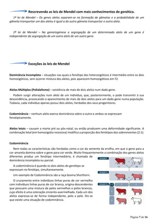 Página 7 de 16
Rescrevendo as leis de Mendel com mais conhecimentos de genética.
1ª lei de Mendel – Os genes alelos separam-se na formação de gâmetas e a probabilidade de um
gâmeta transportar um dos alelos é igual a do outro gâmeta transportar o outro alelo.
2ª lei de Mendel – Na gametogénese a segregação de um determinado alelo de um gene é
independente da segregação de um outro alelo de um outro gene.
Exceções às leis de Mendel
Dominância Incompleta – situações nas quais o fenótipo dos heterozigóticos é intermédio entre os dois
homozigóticos, sem ocorrer mistura dos alelos, pois aparecem homozigóticos em F2.
Alelos Múltiplos (Polialelismo) – existência de mais de dois alelos num dado gene.
Podem surgir alterações num alelo de um indivíduo, que, posteriormente, o pode transmitir à sua
descendência, provocando o aparecimento de mais de dois alelos para um dado gene numa população.
Todavia, cada indivíduo apenas possui dois alelos, herdados dos seus progenitores.
Codominância – nenhum alelo exerce dominância sobre o outro e ambos se expressam
fenotipicamente.
Alelos letais – causam a morte pré ou pós-natal, ou então produzem uma deformidade significante. A
combinação letal (em homozigotia recessiva) modifica a proporção dos fenótipos dos sobreviventes (2:1).
Codominância
Nem todas as características são herdadas como a cor da semente da ervilha, em que o gene para a
cor amarela domina sobre o gene para cor verde. Muito frequentemente a combinação dos genes alelos
diferentes produz um fenótipo intermediário, é chamada de
dominância incompleta ou parcial.
A codominância é quando os dois alelos do genótipo se
expressam no fenótipo, simultaneamente.
Um exemplo de Codominância são a raça bovina Shorthorn.
O cruzamento entre indivíduos linhas puras de cor vermelha
com indivíduos linhas puras de cor branca, origina descendentes
que possuem uma mistura de pelos vermelhos e pelos brancos,
cujo efeito é uma coloração cinzento-avermelhada. Cada um dos
alelos expressa-se de forma independente, pelo a pelo. Diz-se
que existe uma situação de codominância.
 