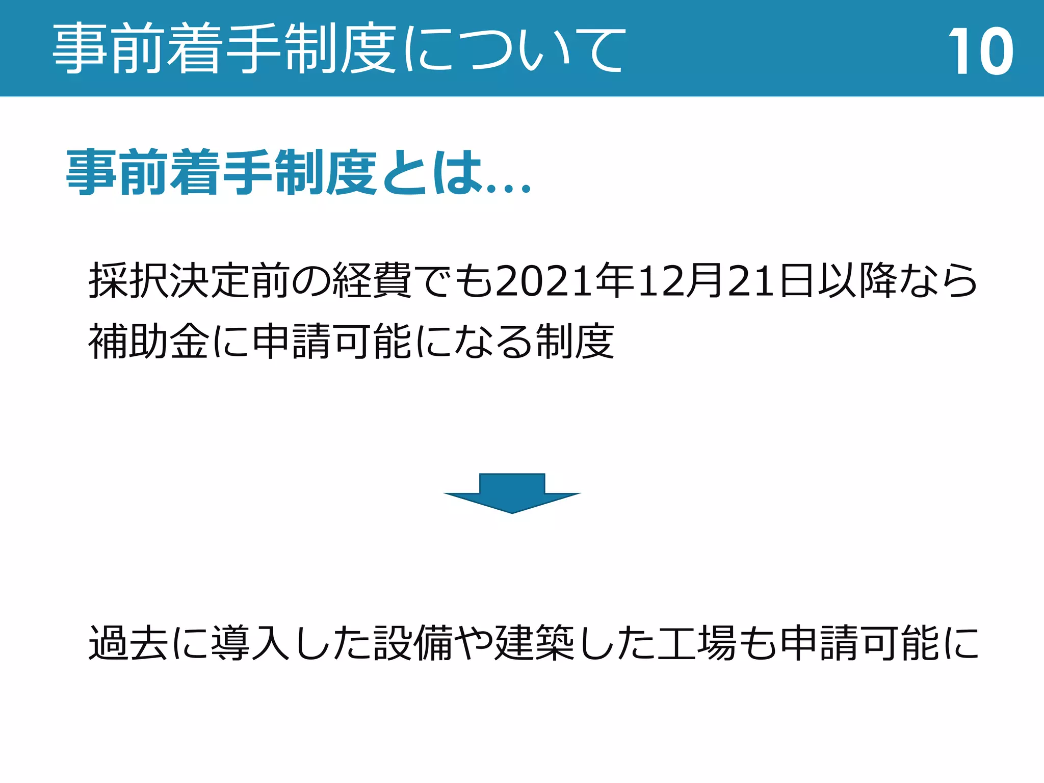 事前着⼿制度について
採択決定前の経費でも2021年12⽉21⽇以降なら
補助⾦に申請可能になる制度
過去に導⼊した設備や建築した⼯場も申請可能に
10
事前着⼿制度とは…
 