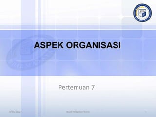 1
ASPEK ORGANISASI
Pertemuan 7
8/10/2022 Studi Kelayakan Bisnis
 