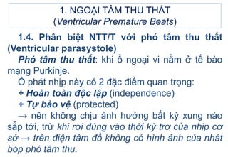 1.4. Phân biệt NTT/T với phó tâm thu thất
(Ventricular parasystole)
Phó tâm thu thất: khi ổ ngoại vi nằm ở tế bào
mạng Purkinje.
Ổ phát nhịp này có 2 đặc điểm quan trọng:
+ Hoàn toàn độc lập (independence)
+ Tự bảo vệ (protected)
→ nên không chịu ảnh hưởng bất kỳ xung nào
sắp tới, trừ khi rơi đúng vào thời kỳ trơ của nhịp cơ
sở → trên điện tâm đồ không có hình ảnh của nhát
bóp phó tâm thu.
1. NGOẠI TÂM THU THẤT
(Ventricular Premature Beats)
 