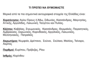 ΤΙ ΠΡΕΠΕΙ ΝΑ ΘΥΜΟΜΑΣΤΕ
Μερικά από τα πιο σημαντικά ακτογραφικά στοιχεία της Ελλάδας είναι:
Χερσόνησοι: Αγίου Όρους ή Άθω, Σιθωνίας, Κασσάνδρας, Μαγνησίας,
Αττικής, Αργολίδας, Λακωνική, Ταϋγέτου και Πυλίας.
Κόλποι: Καβάλας, Στρυμονικός, Κασσάνδρας, Θερμαϊκός, Παγασητικός,
Αμβρακικός, Σαρωνικός, Κορινθιακός, Αργολικός, Λακωνικός,
Μεσσηνιακός, Πατραϊκός
Ακρωτήρια: Νυμφαίο, Δρέπανο, Σούνιο, Σκύλαιο, Μαλέας, Ταίναρο,
Ακρίτας
Πορθμοί: Ευρίπου, Πρέβεζας, Ρίου
Ισθμός: Κορίνθου
 