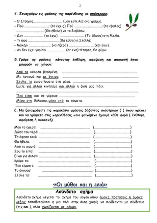2
4. Ξαναγράφω τις φράσεις της παρένθεσης με απόστροφο:
- Ο Σταύρος……………………….……… (μου έστειλε) ένα γράμμα.
- Πού …………………….……; (το έχεις) Πού ………………..……………; (το έβαλες)
……………………….……. (Θα ήθελα) να το διαβάσω.
- Δεν ………………….… (το έχω) . …………………..….... (Το έδωσα) στη Μελία.
- Τι ώρα ..………………………………. (θα έρθει) η Στέλλα;
- Μακάρι ……………….……… (να ήξερα) ……………………….…. (και εγώ).
- Αν δεν έχει γυρίσει …………….….… (σε ένα) τέταρτο, θα φύγω.
5. Γράψε τις φράσεις κάνοντας έκθλιψη, αφαίρεση και αποκοπή όπου
μπορούν να γίνουν:
Από τα κόκαλα βγαλμένη. ………………………………………………………………………..……………
Με λογισμό και με όνειρο. ………………………………………………………………………..……………
Στείλε τα χαιρετίσματα στη μάνα. ………………………………………………………………………….
Εμείς για αλλού κινήσαμε και αλλού η ζωή μας πάει.
…………………………………………………………………………………………………………………………………………..
Πού είσαι και σε γύρευα; ………………………………………………………………………..……………
Μέσα στη θάλασσα, μέσα από τα κύματα.
..............................................................................................................................................
6. Να ξαναγράψετε τις παρακάτω φράσεις βάζοντας απόστροφο (΄) όπου πρέπει
και να γράψετε στις παρενθέσεις ποιο φαινόμενο έχουμε κάθε φορά ( έκθλιψη,
αφαίρεση ή αποκοπή)
Μου το έφερε: .......................................................... (..........................................)
Δώσε του νερό: ............................................................ (.........................................)
Τα άφησα εκεί: ............................................................. (..........................................)
Θα ήθελα: ............................................................ (..........................................)
Από το χωριό: ............................................................. (..........................................)
Σου το είπα: ............................................................. (..........................................)
Είναι για άλλον: ……………………....................................... (..........................................)
Κρύψε το: ............................................................. (.........................................)
Πού είμαστε: .............................................................. (.........................................)
Το άκουσα: ........................................................... (.........................................)
Στείλε τα: ............................................................... (.........................................)
Ασύνδετο σχήμα
Ασύνδετο σχήμα λέγεται το σχήμα του λόγου όπου όμοιες προτάσεις ή όμοιες
λέξεις τοποθετούνται η μια πλάι στην άλλη χωρίς να συνδέονται με σύνδεσμο
(π.χ και ), αλλά χωρίζονται με κόμμα.
 