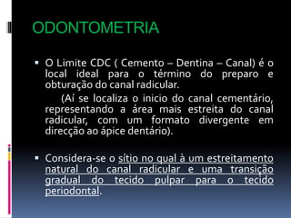 ODONTOMETRIA
 O Limite CDC ( Cemento – Dentina – Canal) é o
local ideal para o término do preparo e
obturação do canal radicular.
(Aí se localiza o inicio do canal cementário,
representando a área mais estreita do canal
radicular, com um formato divergente em
direcção ao ápice dentário).
 Considera-se o sítio no qual à um estreitamento
natural do canal radicular e uma transição
gradual do tecido pulpar para o tecido
periodontal.
 