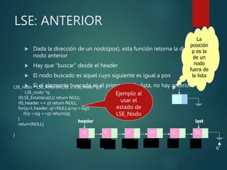 LSE: ANTERIOR
 Dada la dirección de un nodo(pos), esta función retorna la dirección del
nodo anterior
 Hay que “buscar” desde el header
 El nodo buscado es aquel cuyo siguiente es igual a pos
 Si el elemento buscado es el primero en la lista, no hay anterior
LSE_nodo * LSE_Anterior(LSE L, LSE_nodo *p){
LSE_nodo *q;
if(LSE_EstaVacia(L)) return NULL;
if(L.header == p) return NULL;
for(q=L.header; q!=NULL;q=q->sig){
if(q->sig ==p) return(q);
}
return(NULL);
} 10 5 8 2 31
25
last
header
p
q q q
7
p
La
posición
p es la
de un
nodo
fuera de
la lista
q q q q q q
q
Ejemplo al
usar el
estado de
LSE_Nodo
 