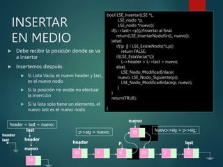 INSERTAR
EN MEDIO
 Debe recibir la posición donde se va
a insertar
 Insertemos después
 Si Lista Vacía, el nuevo header y last,
es el nuevo nodo
 Si la posición no existe no efectuar
la inserción
 Si la lista solo tiene un elemento, el
nuevo last es el nuevo nodo
bool LSE_Insertar(LSE *L,
LSE_nodo *p,
LSE_nodo *nuevo){
if(L->last==p){//Insertar al final
return(LSE_InsertarNodoFin(L, nuevo));
}else{
if(!p || ! LSE_ExisteNodo(*L,p))
return FALSE;
if(LSE_EstaVacia(*L))
L->header = L->last = nuevo;
else{
LSE_Nodo_ModificarEnlace(
nuevo, LSE_Nodo_Siguiente(p));
LSE_Nodo_ModificarEnlace(p, nuevo);
}
}
return(TRUE);
}
10 5 8 2 31
25
header last
p
18
nuevo
Nuevo->sig = p->sig;
p->sig = nuevo;
header
last
18
nuevo
header
last
header = last = nuevo:
 