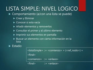 LISTA SIMPLE: NIVEL LOGICO
 Comportamiento (a/con una lista se puede)
 Crear y Eliminar
 Conocer si esta vacía
 Añadir elementos y removerlos
 Consultar el primer y al ultimo elemento
 Imprimir sus elementos en pantalla
 Buscar un elemento con cierta información en la
lista
 Estado:
<listaSimple> ::= <comienzo> + {<ref_nodo>} +
<final>
<comienzo> ::= <enlace>
<final> ::= <enlace>
 