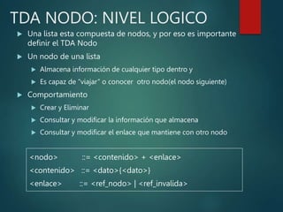 TDA NODO: NIVEL LOGICO
 Una lista esta compuesta de nodos, y por eso es importante
definir el TDA Nodo
 Un nodo de una lista
 Almacena información de cualquier tipo dentro y
 Es capaz de “viajar” o conocer otro nodo(el nodo siguiente)
 Comportamiento
 Crear y Eliminar
 Consultar y modificar la información que almacena
 Consultar y modificar el enlace que mantiene con otro nodo
<nodo> ::= <contenido> + <enlace>
<contenido> ::= <dato>{<dato>}
<enlace> ::= <ref_nodo> | <ref_invalida>
 
