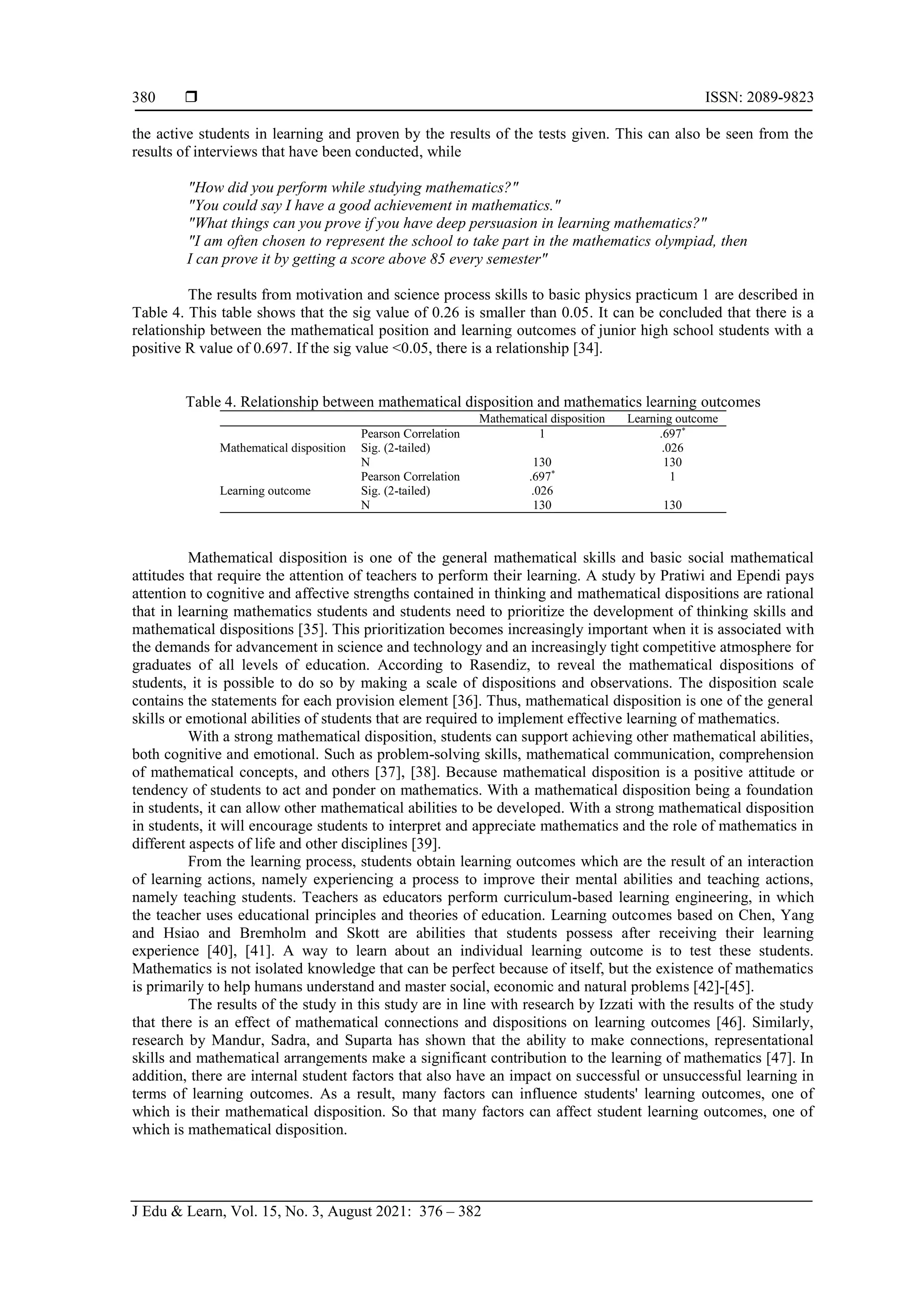 The relationship between students’ mathematical disposition and their ...