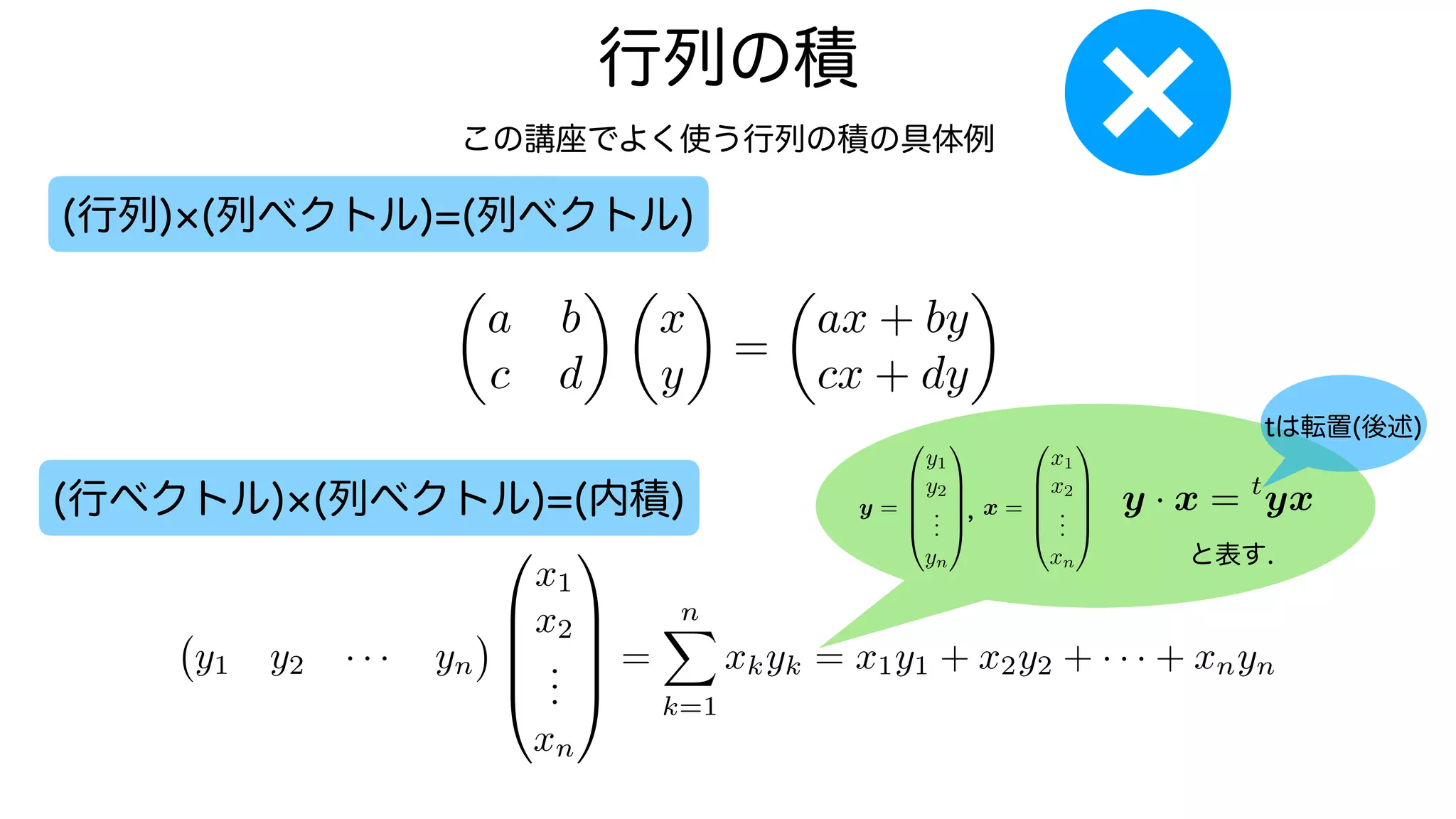 行列の積
この講座でよく使う行列の積の具体例
(行列) (列ベクトル)=(列ベクトル)
(行ベクトル) (列ベクトル)=(内積)
✓
a b
c d
◆ ✓
x
y
◆
=
✓
ax + by
cx + dy
◆
y1 y2 · · · yn
0
B
B
B
@
x1
x2
.
.
.
xn
1
C
C
C
A
=
n
X
k=1
xkyk = x1y1 + x2y2 + · · · + xnyn
y =
0
B
B
B
@
y1
y2
.
.
.
yn
1
C
C
C
A
x =
0
B
B
B
@
x1
x2
.
.
.
xn
1
C
C
C
A
, y · x = t
yx
と表す.
tは転置(後述)
 