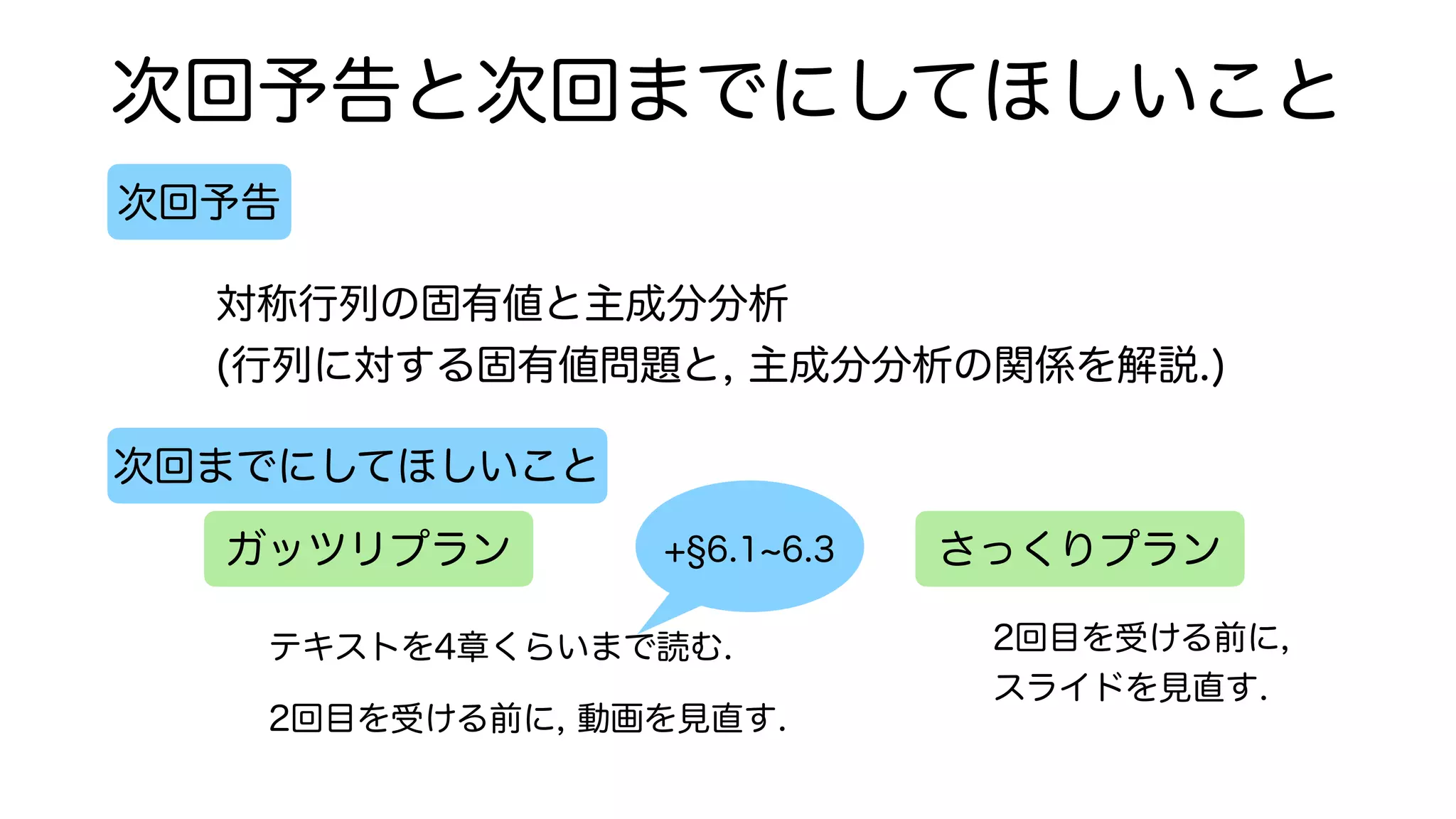 次回予告と次回までにしてほしいこと
次回予告
次回までにしてほしいこと
ガッツリプラン さっくりプラン
テキストを4章くらいまで読む.
2回目を受ける前に, 動画を見直す.
2回目を受ける前に,
スライドを見直す.
対称行列の固有値と主成分分析
(行列に対する固有値問題と, 主成分分析の関係を解説.)
+ 6.1~6.3
 