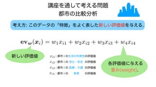 考え方: このデータの「特徴」をよく表した新しい評価値を与える.
: 都市 i の生活の利便性の評価値
evw(xi) = w1xi1 + w2xi2 + w3xi3 + w4xi4
evw(xi) = w1xi1 + w2xi2 + w3xi3 + w4xi4
vw(xi) = w1xi1 + w2xi2 + w3xi3 + w4xi4
w1xi1 + w2xi2 + w3xi3 + w4xi4
: 都市 i の 安心・安全 の評価値
: 都市 i の 医療・介護 の評価値
: 都市 i の 教育 の評価値
新しい評価値
各評価値に与える
重み(weight).
evw(xi) = w1xi1 + w2xi2 + w3xi3 + w4xi4
講座を通して考える問題
都市の比較分析
 
