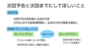次回予告と次回までにしてほしいこと
次回予告
次回までにしてほしいこと
ガッツリプラン さっくりプラン
テキストを4章くらいまで読む.
2回目を受ける前に, 動画を見直す.
2回目を受ける前に,
スライドを見直す.
対称行列の固有値と主成分分析
(行列に対する固有値問題と, 主成分分析の関係を解説.)
+ 6.1~6.3
 
