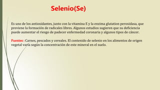 Es uno de los antioxidantes, junto con la vitamina E y la enzima glutation peroxidasa, que
previene la formación de radicales libres. Algunos estudios sugieren que su deficiencia
puede aumentar el riesgo de padecer enfermedad coronaria y algunos tipos de cáncer.
Fuentes : Carnes, pescados y cereales. El contenido de selenio en los alimentos de origen
vegetal varía según la concentración de este mineral en el suelo.
Selenio(Se)
 