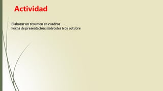 Elaborar un resumen en cuadros
Fecha de presentación: miércoles 6 de octubre
Actividad
 