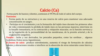 Calcio (Ca)
Forma parte de huesos y dientes ,contienen el 99.9% de todo el calcio del cuerpo.
Funciones:
• Forma parte de su estructura y es una reserva de calcio para mantener una adecuada
concentración en sangre .
• Participa en el crecimiento y en la formación del tejido óseo durante los primeros años
de vida y minimizando la pérdida de tejido óseo en las personas mayores, interviene en
la función inmunitaria, en la contracción y relajación muscular, en la función nerviosa y
en la regulación de la permeabilidad de las membranas, de la presión arterial y de la
coagulación sanguínea.
Fuentes : leche y sus derivados, los pescados pequeños, como las sardinas , algunas
hortalizas, frutos secos, leguminosas.
El exceso de calcio produce estreñimiento, aumenta el riesgo de formación de cálculos
renales y alteraciones renales e interfiere en la absorción de otros minerales como hierro y
cinc.
 