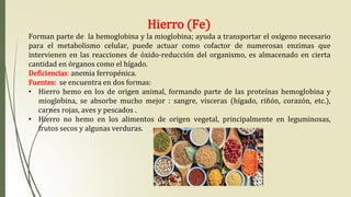 Hierro (Fe)
Forman parte de la hemoglobina y la mioglobina; ayuda a transportar el oxígeno necesario
para el metabolismo celular, puede actuar como cofactor de numerosas enzimas que
intervienen en las reacciones de óxido-reducción del organismo, es almacenado en cierta
cantidad en órganos como el hígado.
Deficiencias: anemia ferropénica.
Fuentes: se encuentra en dos formas:
• Hierro hemo en los de origen animal, formando parte de las proteínas hemoglobina y
mioglobina, se absorbe mucho mejor : sangre, vísceras (hígado, riñón, corazón, etc.),
carnes rojas, aves y pescados .
• Hierro no hemo en los alimentos de origen vegetal, principalmente en leguminosas,
frutos secos y algunas verduras.
 