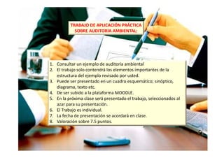 1. Consultar un ejemplo de auditoría ambiental
2. El trabajo solo contendrá los elementos importantes de la
estructura del ejemplo revisado por usted.
3. Puede ser presentado en un cuadro esquemático; sinóptico,
diagrama, texto etc.
4. De ser subido a la plataforma MOODLE.
5. En la próxima clase será presentado el trabajo, seleccionados al
azar para su presentación.
6. El Trabajo es individual.
7. La fecha de presentación se acordará en clase.
8. Valoración sobre 7.5 puntos.
TRABAJO DE APLICACIÓN PRÁCTICA
SOBRE AUDITORIA AMBIENTAL:
 