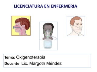 LICENCIATURA EN ENFERMERIA
Tema: Oxigenoterapia
Docente: Lic. Margoth Méndez
 