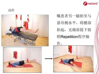 动作
嘱患者另一腿抬至与
悬吊侧水平，将腰部
抬起，无痛前提下按
照Repetition程序操
作。
 
