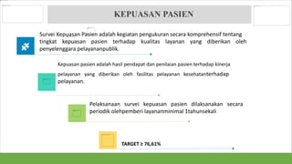 KEPUASAN PASIEN
Survei Kepuasan Pasien adalah kegiatan pengukuran secara komprehensif tentang
tingkat kepuasan pasien terhadap kualitas layanan yang diberikan oleh
penyelenggara pelayananpublik.
Kepuasan pasien adalah hasil pendapat dan penilaian pasien terhadap kinerja
pelayanan yang diberikan oleh fasilitas pelayanan kesehatanterhadap
pelayanan.
TARGET ≥ 76,61%
Pelaksanaan survei kepuasan pasien dilaksanakan secara
periodik olehpemberi layananminimal 1tahunsekali
 