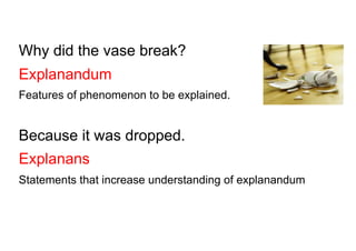 Why did the vase break?
Explanandum
Features of phenomenon to be explained.
Because it was dropped.
Explanans
Statements that increase understanding of explanandum
 