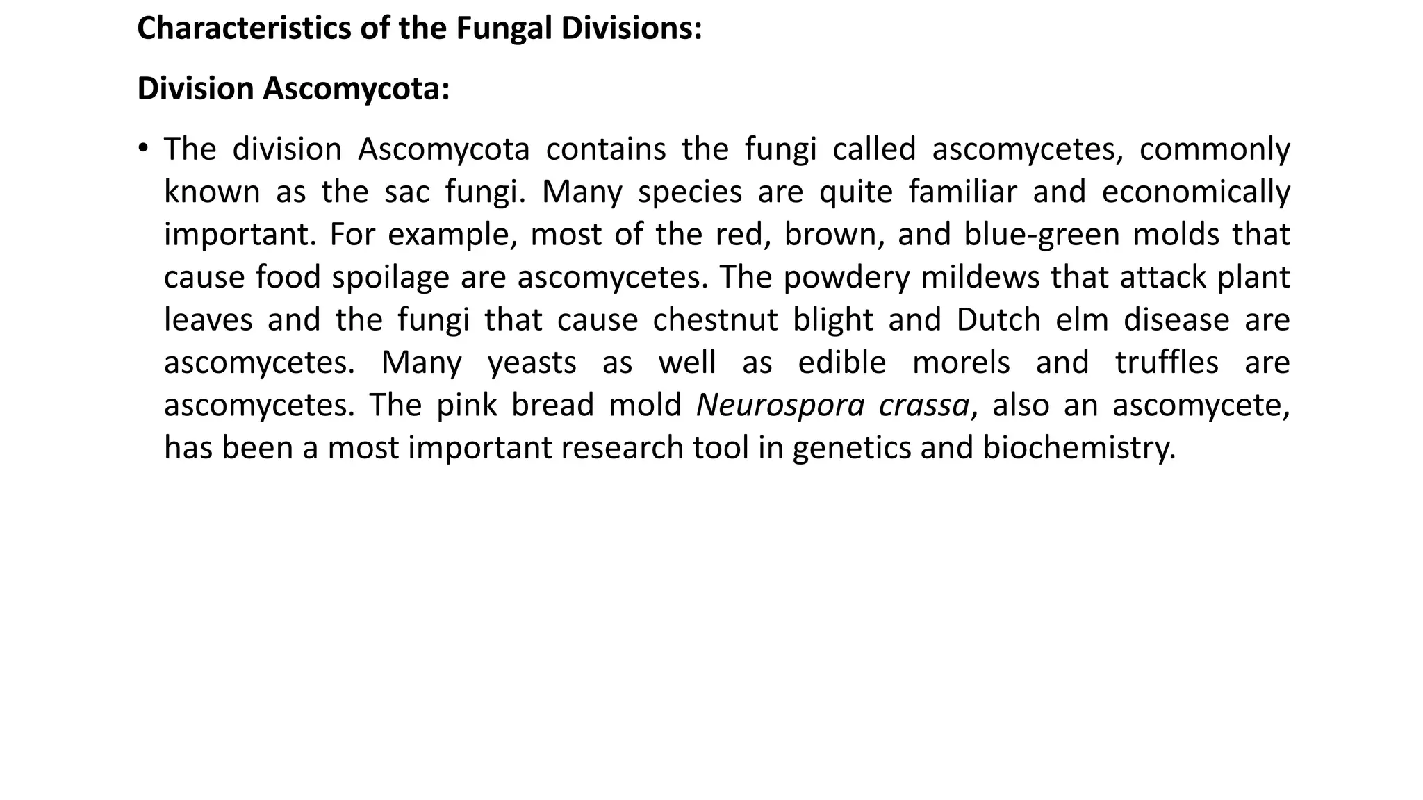 Characteristics of the Fungal Divisions:
Division Ascomycota:
• The division Ascomycota contains the fungi called ascomycetes, commonly
known as the sac fungi. Many species are quite familiar and economically
important. For example, most of the red, brown, and blue-green molds that
cause food spoilage are ascomycetes. The powdery mildews that attack plant
leaves and the fungi that cause chestnut blight and Dutch elm disease are
ascomycetes. Many yeasts as well as edible morels and truffles are
ascomycetes. The pink bread mold Neurospora crassa, also an ascomycete,
has been a most important research tool in genetics and biochemistry.
 