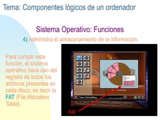 Sistema Operativo: Funciones
4) Administra el almacenamiento de la información.
Para cumplir esta
función, el sistema
operativo hace uso del
registro de todos los
archivos presentes en
cada disco, es decir la
FAT (File Allocation
Table).
FAT
Tema: Componentes lógicos de un ordenador
 