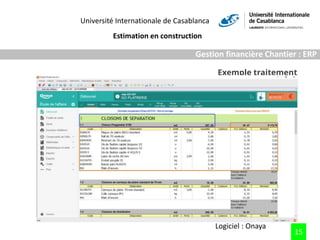Université Internationale de Casablanca
Estimation en construction
15
Gestion financière Chantier : ERP
Exemple traitement...
