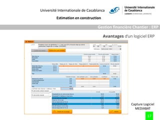 Université Internationale de Casablanca
Estimation en construction
17
Gestion financière Chantier : ERP
Avantages d’un log...