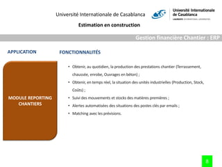 Université Internationale de Casablanca
Estimation en construction
8
Gestion financière Chantier : ERP
MODULE REPORTING
CH...