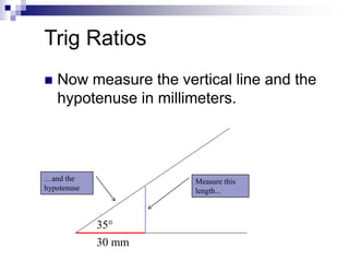 Trig Ratios
 Now measure the vertical line and the
hypotenuse in millimeters.
35°
30 mm
Measure this
length...
…and the
h...